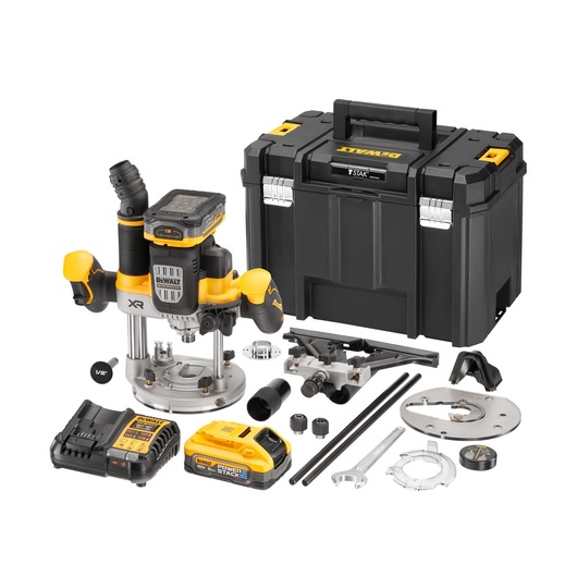 DEWALT router kit with case, battery, charger, and various accessories arranged on a white background.