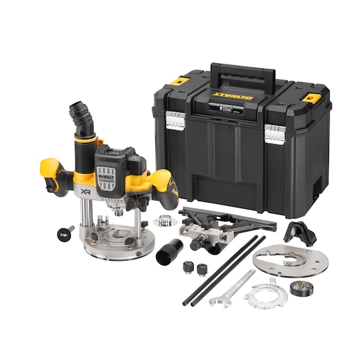 DEWALT router kit with accessories and black case, arranged on a white background.