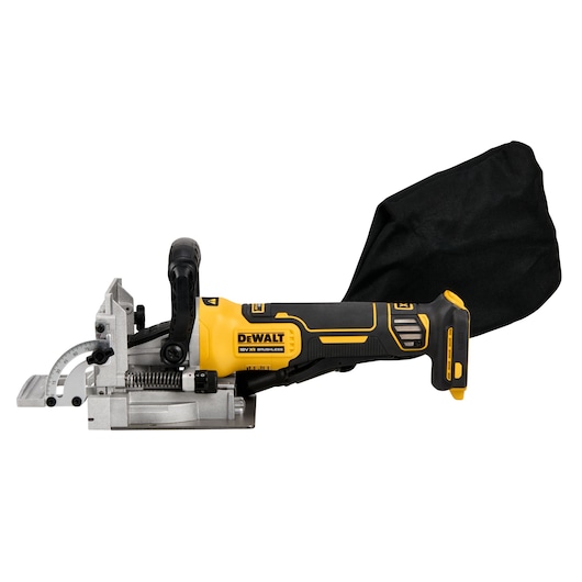 A DEWALT DCW682N cordless joiner tool with a yellow and black body, metal adjustable angle gauge, ergonomic handle, and a black dust collection bag attached.