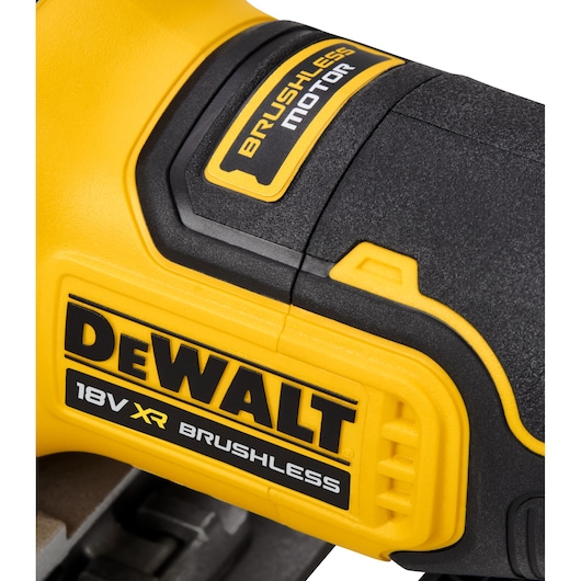 Close-up of a yellow and black DEWALT power tool featuring 'BRUSHLESS MOTOR' and '18V XR BRUSHLESS' labels.