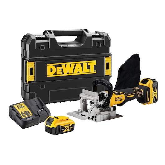 DEWALT cordless biscuit joiner kit shown with a black and yellow hard case, one battery, one charger, and a dust bag attached to the joiner tool.
