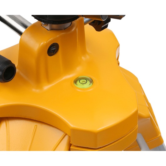 Close-up of a yellow DEWALT photography tripod base with a bubble level for accurate setup.