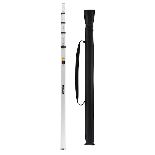 DEWALT telescopic grade rod with carry bag, used in photography and surveying for height measurements.