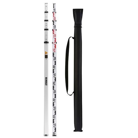 DEWALT telescopic leveling staff and carry bag, marked for measurement, shown upright on white background.