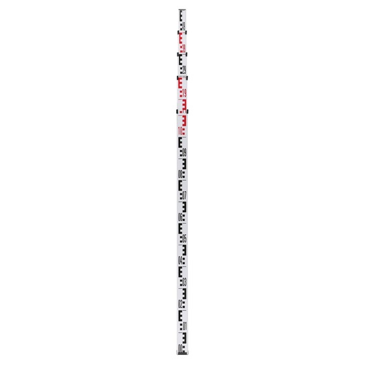 Long measuring staff with black and red numbers on a white background for surveying or construction.