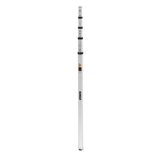 Telescopic aluminum leveling staff with measurement markings and DEWALT branding, used in surveying and photography.