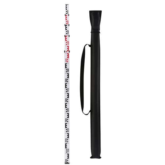 Survey leveling rod with carrying case, both upright on white background, for photography and measurement.