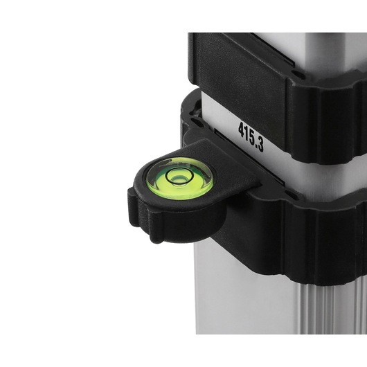 Close-up image of a DEWALT photography tripod leg with a built-in bubble level attached to an aluminum section, showing the measurement mark 415.3.