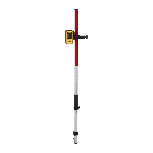 An extendable measuring rod with a mounted yellow and black DEWALT laser receiver, used for leveling and measuring tasks typically in construction or surveying.