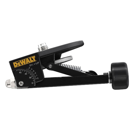 DEWALT angle adjustable photography clamp with dial, spring mechanism, and knob for precise positioning.