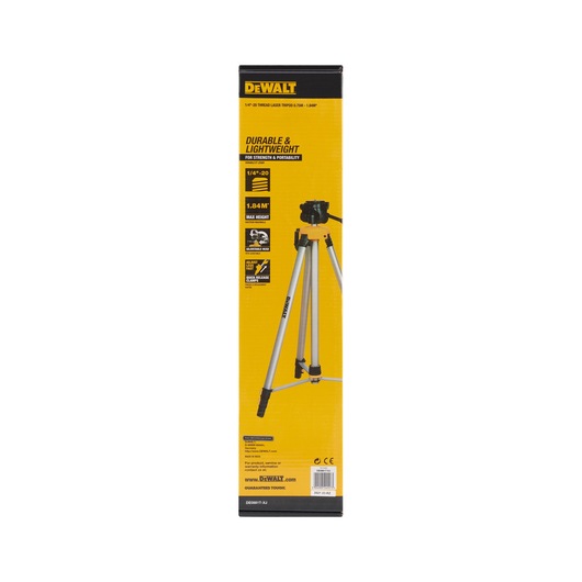 DEWALT DE0881T tripod box, yellow and black, shows product features and an image of the tripod for photography.