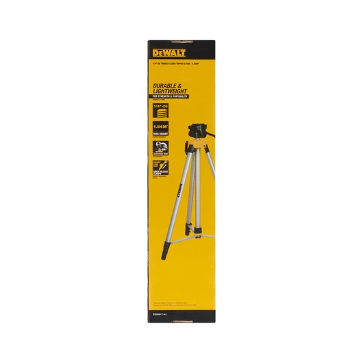 DEWALT DE0881T tripod for photography, durable and lightweight, max height 1.84m, shown in yellow retail packaging.