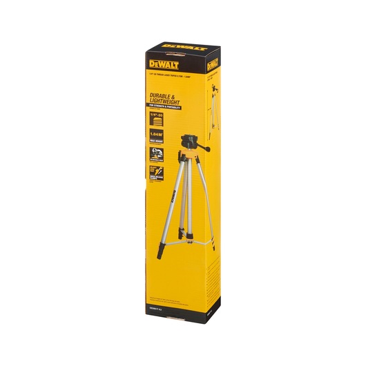 DEWALT DE0881T tripod box, yellow and black, showing product features and image of the tripod for photography.