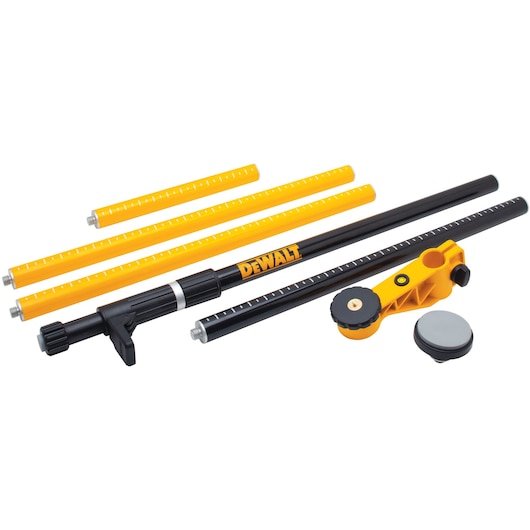 DEWALT photography accessory kit with adjustable rods and mounting parts, displayed on a white background.