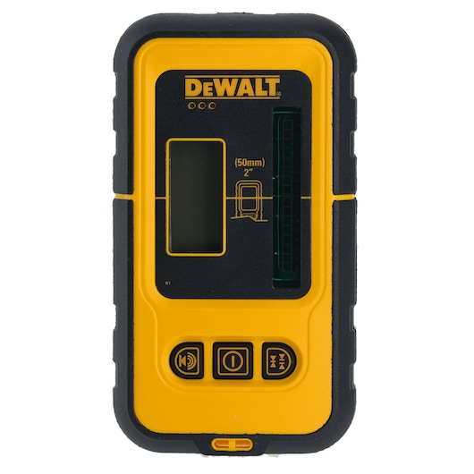 A DEWALT handheld electronic laser detector with a yellow and black casing, an LCD display, indicator lights, control buttons, and measurement markings for 50mm (2 inches).