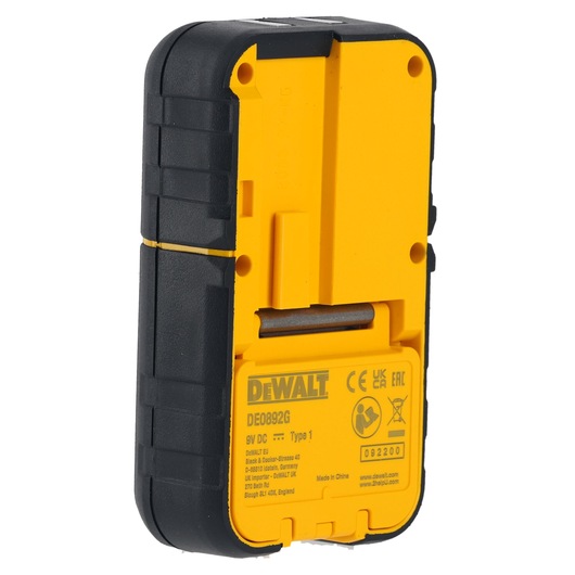 Rear view of a DEWALT DE0892G 9V DC Type 1 green laser detector, with a yellow and black plastic casing. The product label and battery compartment are visible.