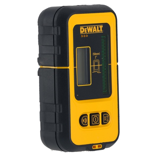 A DEWALT DE0892G green beam laser detector, designed for detecting laser lines in construction and surveying. The device is black with yellow accents, featuring a display, indicator lights, and control buttons.