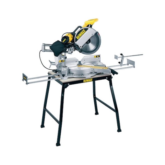 DEWALT mitre saw with stand, metal frame and adjustable arms, designed for accurate wood cutting tasks.