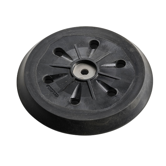 A black round replacement backing pad with six holes, designed for use with a power sander.