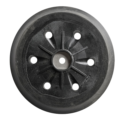 A black circular DEWALT sanding pad with six holes and a central mounting hole, designed for use with power sanders.