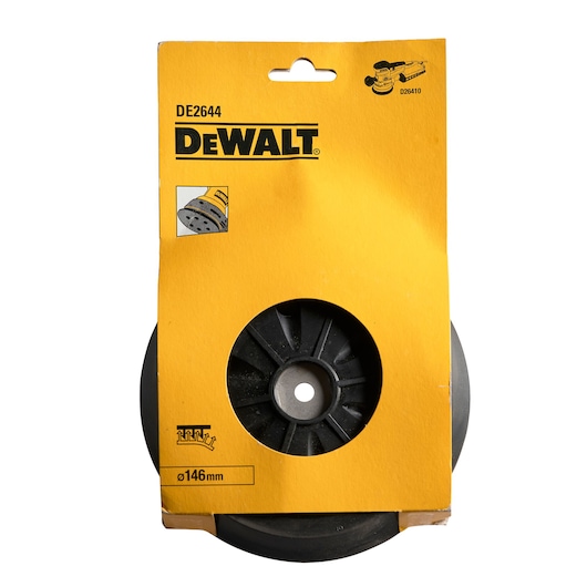 A DEWALT DE2644 sanding pad in its original yellow packaging, showing the sanding pad behind a circular cut-out and labeled with a diameter of 146mm.