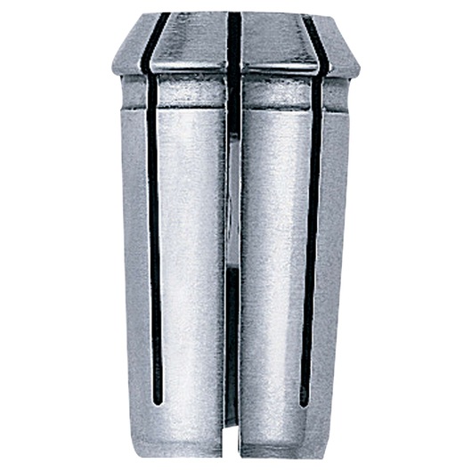 Metal tool collet for securing attachments, cylindrical with vertical grooves, shown on a white background.