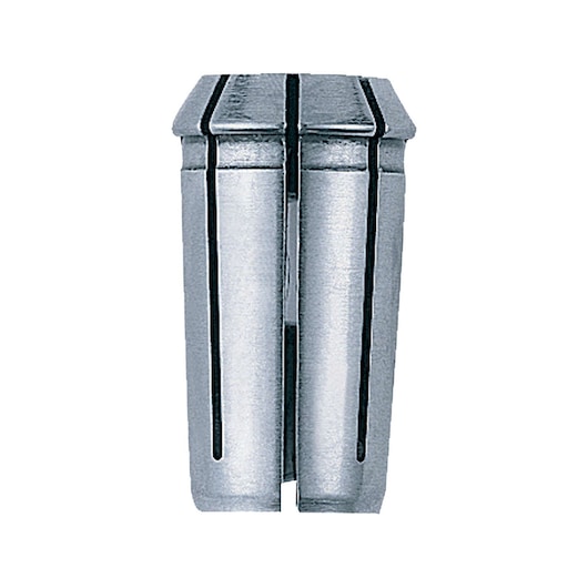 A close-up image of a metal tool part, specifically a steel collet, used with DEWALT equipment for photography and precision work.
