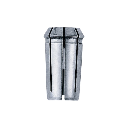 Metal router collet for DEWALT, cylindrical shape with slits, shown upright on white background.