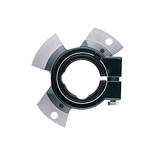 Circular metal photography accessory with three silver blades and a central black ring, shown against a white background.