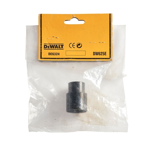 A DEWALT DE6324 adapter piece packaged in a transparent plastic bag with a yellow and black label showing the DEWALT logo, product code DE6324, and model number DW625E.