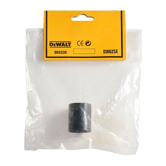 A DEWALT DE6330 product, packaged in a clear plastic bag with a yellow label showing the model number DE6330 and DW625E. The item inside appears to be a small cylindrical metal component.