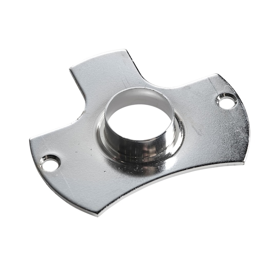 A metal photography accessory part with a central circular opening and two mounting holes, sitting on a white background.