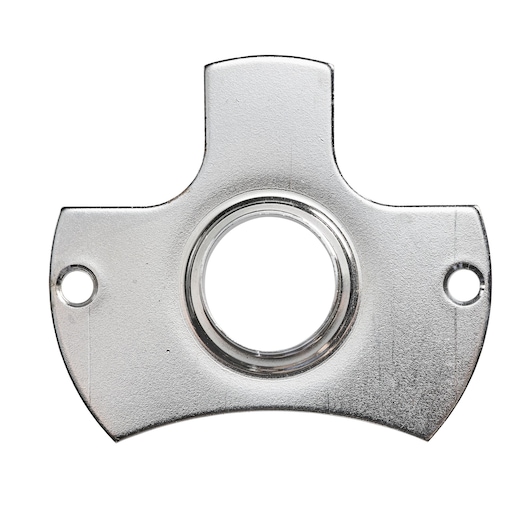 A close-up of a silver metallic mounting plate with a circular center hole and two side holes, photographed against a white background.