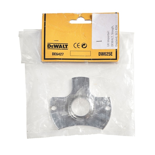 A DEWALT branded metal accessory part, model DE6427, in original packaging with a yellow label and product code DW625E, suitable for photography or equipment assembly.