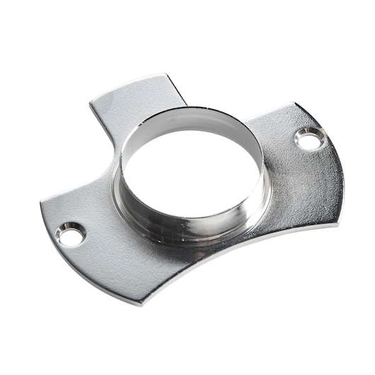 A close-up image of a DEWALT DE6440 metal photography accessory plate with a circular opening in the center and two screw holes on either side.