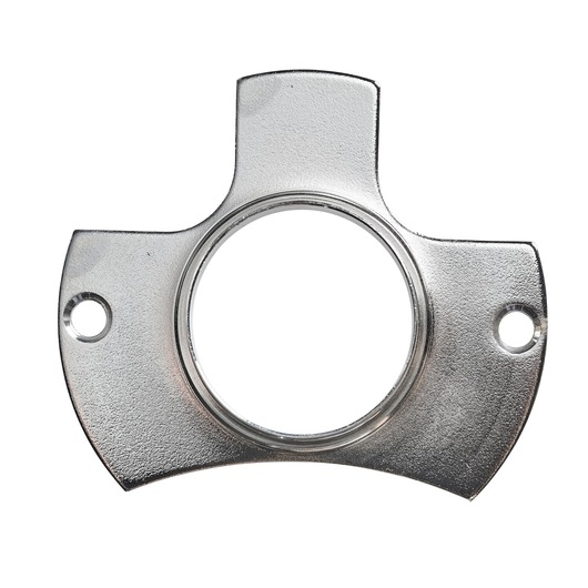 A close-up of a metallic mounting plate with a central circular opening and two screw holes, designed for use with power tools or related equipment.