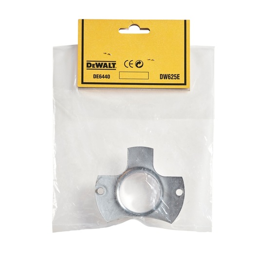 A DEWALT DE6440 metal mounting accessory, packaged in a clear plastic bag with a yellow branded label at the top.