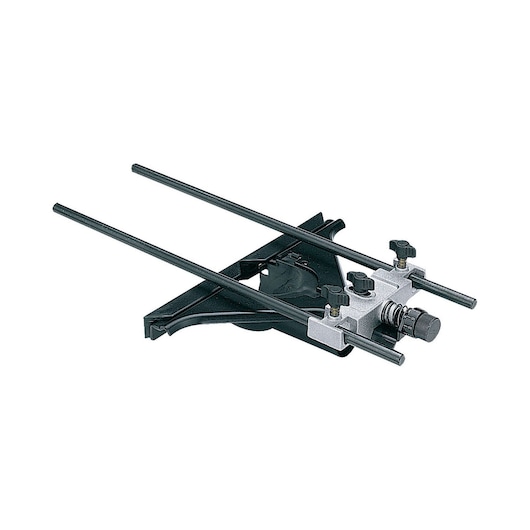 A metal edge guide with two long rods and adjustment knobs, designed for use with power tools to help guide straight cuts. The guide is photographed on a white background.