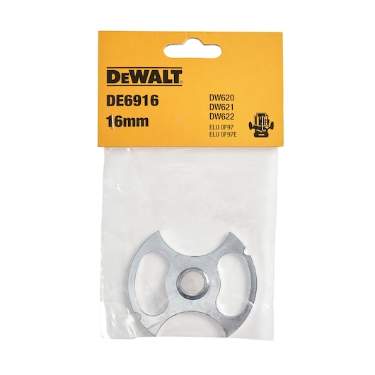 A DEWALT DE6916 16mm router guide bush in its original packaging with a yellow label showing compatibility with DW620, DW621, and DW622 models.