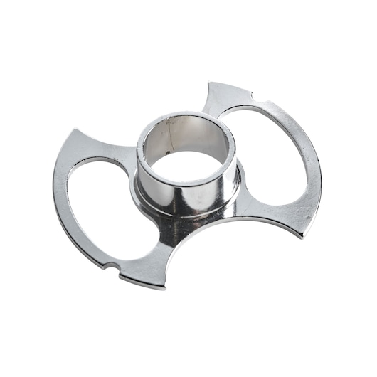 A close-up image of a metallic, circular DEWALT accessory part with two open, wing-like segments and a central cylindrical opening. The part is photographed on a white background.