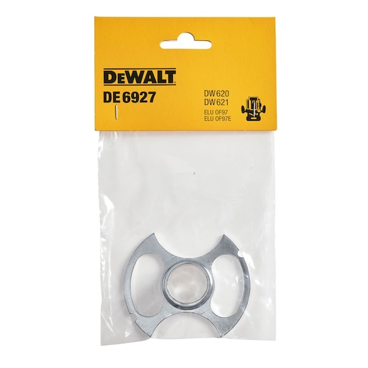 DEWALT DE6927 router accessory in a clear plastic package with a yellow header, suitable for DW620 and DW621 models.