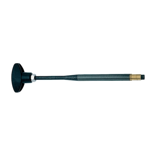 Long metal photography accessory rod with a black handle and brass fitting on one end, shown on white background.