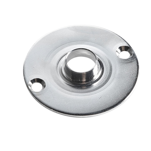 A close-up image of a round metallic mounting plate with a central raised circular opening and two screw holes on either side. The surface is reflective and silver in color.