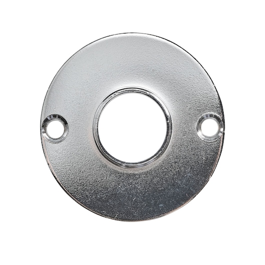 A circular metallic plate with a central hole and two smaller holes on opposite sides, likely a mounting or support component.