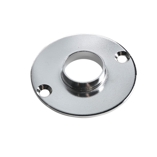A close-up view of a metallic circular mounting plate with two screw holes and a raised central ring, photographed on a white background.