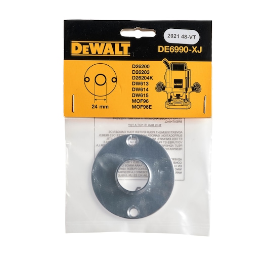 DEWALT DE6990-XJ router sub-base plate, 24 mm, in original packaging. The packaging shows compatibility with several DEWALT router models and includes a diagram and illustration of a router.