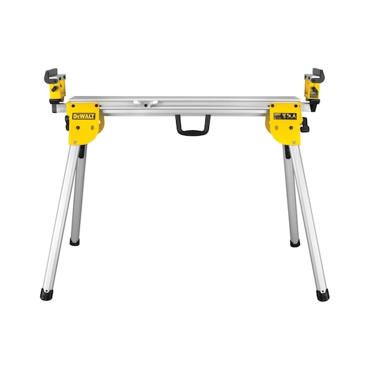 DEWALT DE7033 foldable aluminum stand for saws, with yellow ends and handle, on white background.