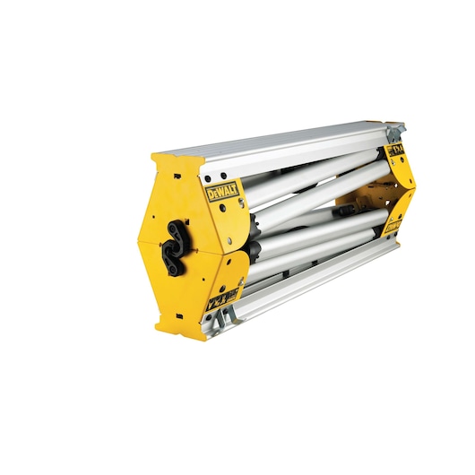 A DEWALT DE7035 folding aluminum workstand with yellow end panels and silver support bars, photographed against a white background.
