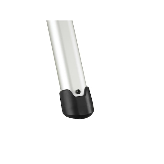 Close-up of a DEWALT DE7035 product leg with a black rubber foot cap attached to a silver metal tube.