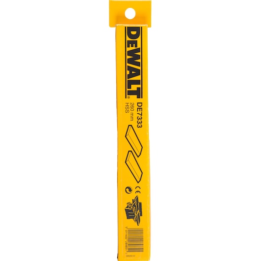 Yellow DEWALT DE7333 packaging for 260mm HSS planer blades, with icons and product details visible.